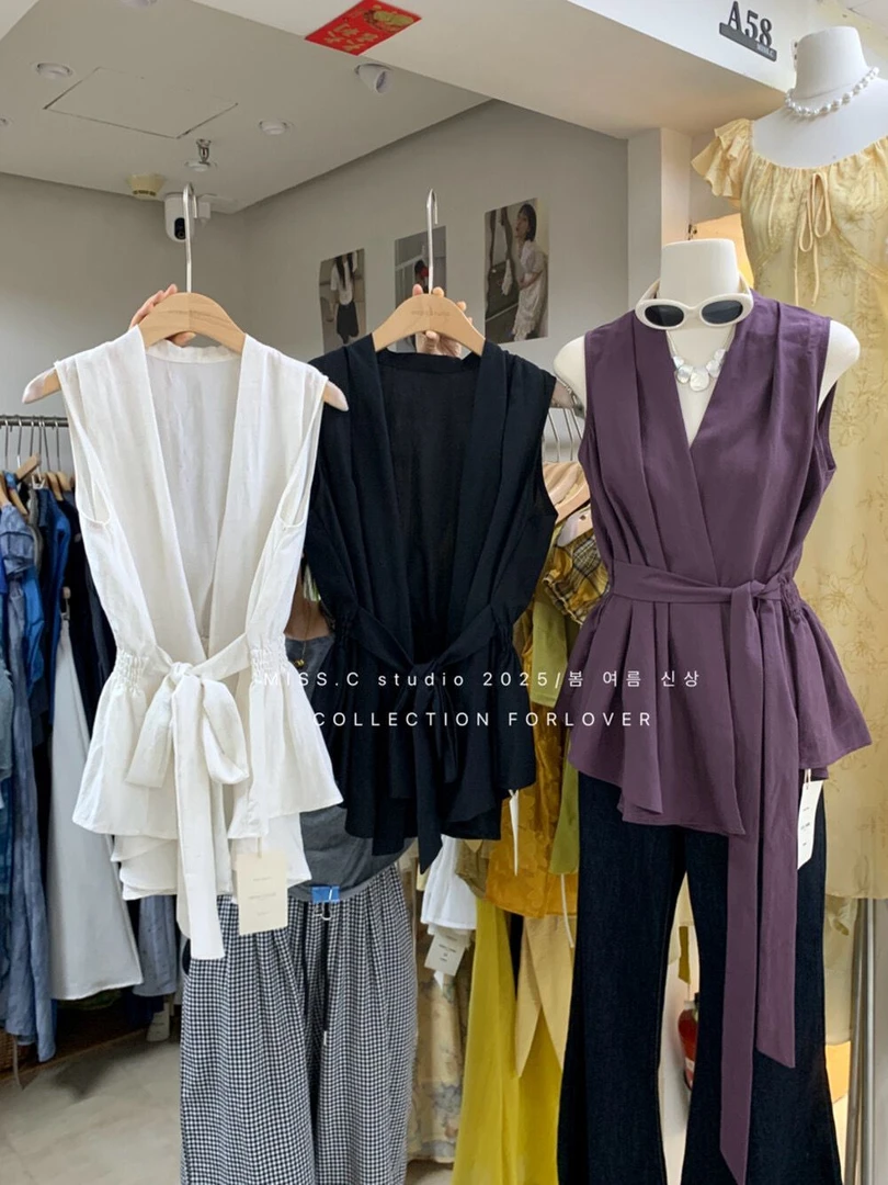 通勤款无袖夏季绑带显瘦时尚韩版设计感衬衫宽松气质中国风上衣女