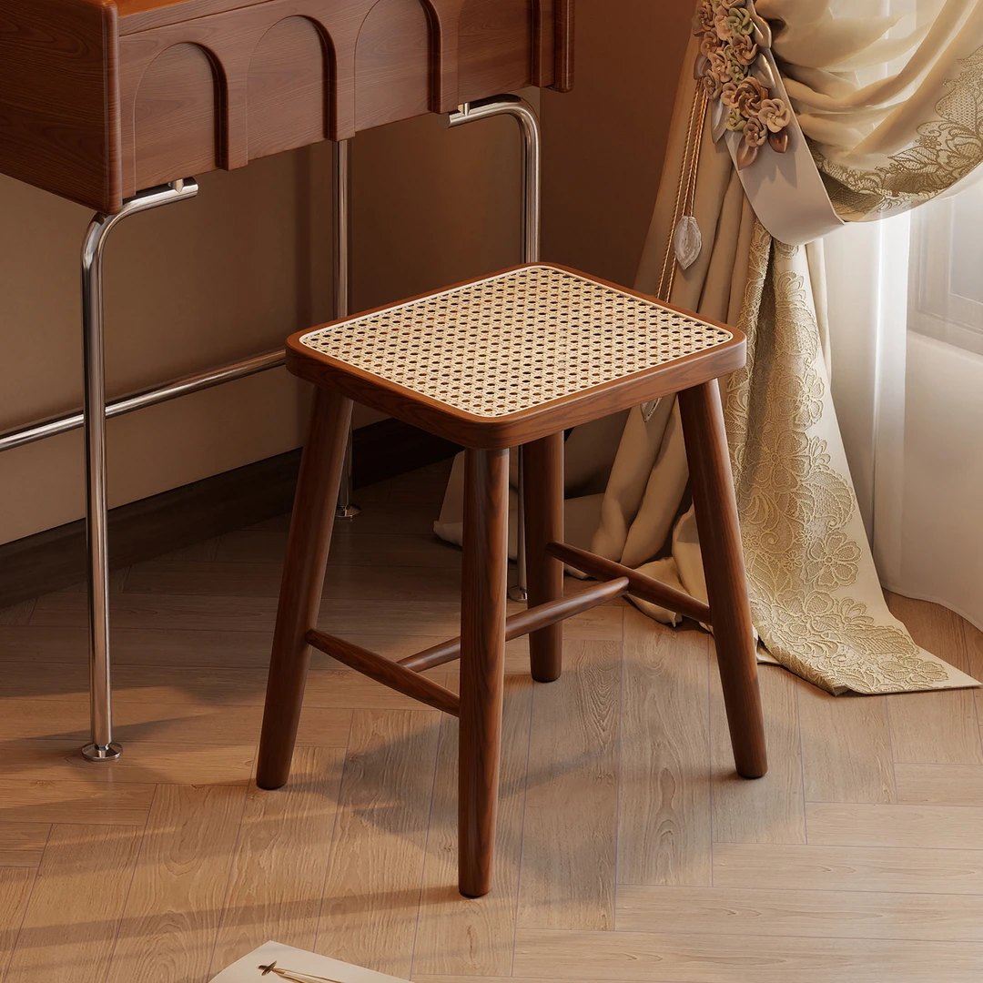 希静法式实木梳妆凳衣帽间轻奢化妆凳化妆桌藤编方凳复古风梳妆椅