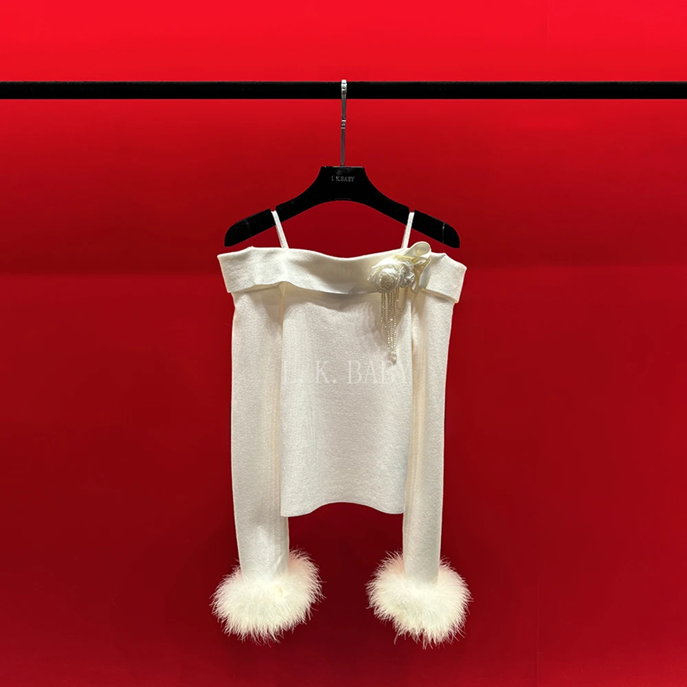 【L.K BABY】一字倾心 法式名媛纯欲水钻流苏花朵羽毛一字肩上衣