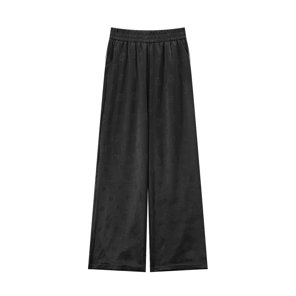 山茶花•印花薄款百搭夏季阔腿缎面休闲直筒裤8010