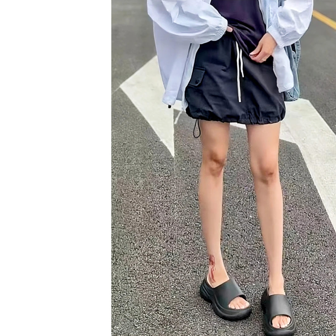 夏季新款松紧腰抽绳多口袋宽松显瘦A字美式工装半身裙女