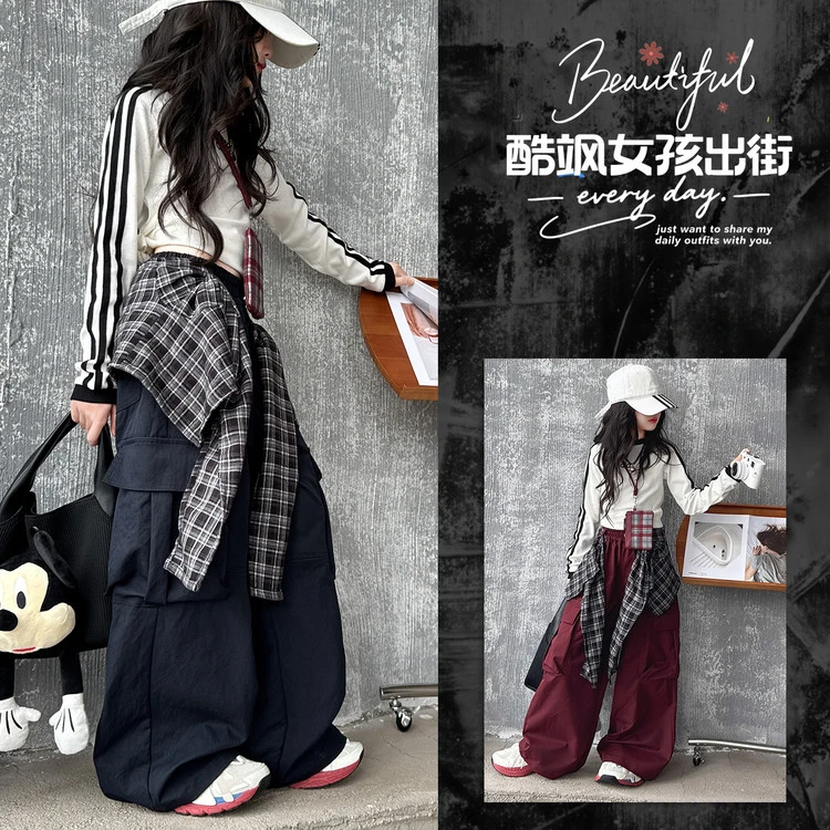 女童秋装工装裤2025新款爵士街舞表演屁帘阔腿裤女大童潮酷休闲裤