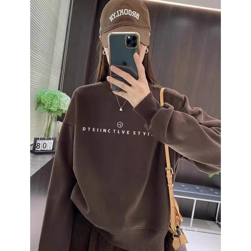 圆领套头打底衫加绒加厚卫衣女2025秋冬新款宽松韩版外套春秋薄款