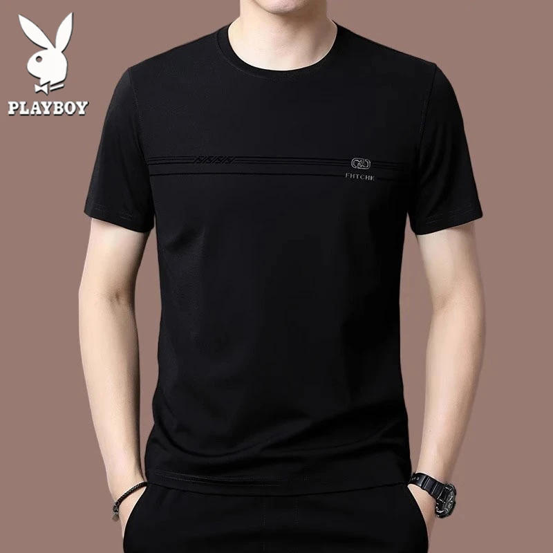 花花公子夏季新款男士时尚潮流休闲百搭修身透气纯色短袖T恤衫男
