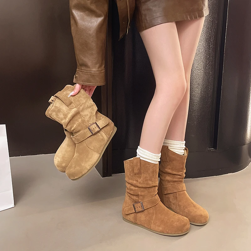 内增高短靴女新款秋冬西部牛仔靴复古马丁靴短筒勃肯褶皱堆堆靴子