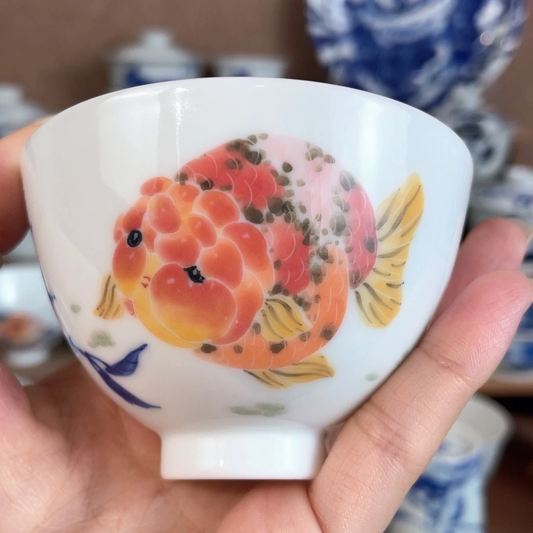 泥藝瓷梦金鱼鸡心杯