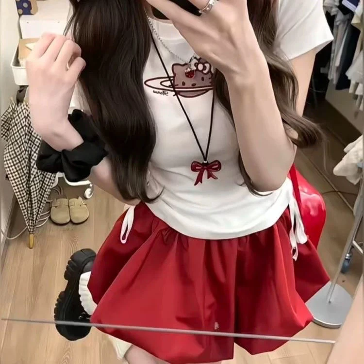 韩系甜辣红色花苞半身裙女夏季设计感小众收腰显瘦百搭【两件套】