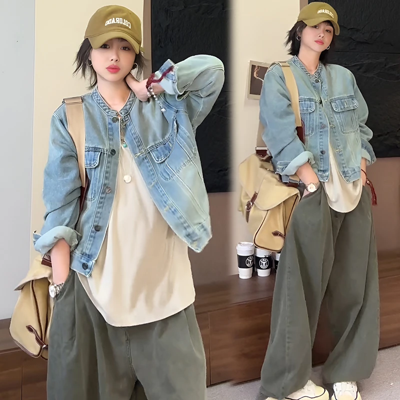 韩系穿搭蓝色牛仔外套女小个子2026春秋新款港风宽松休闲开衫上衣