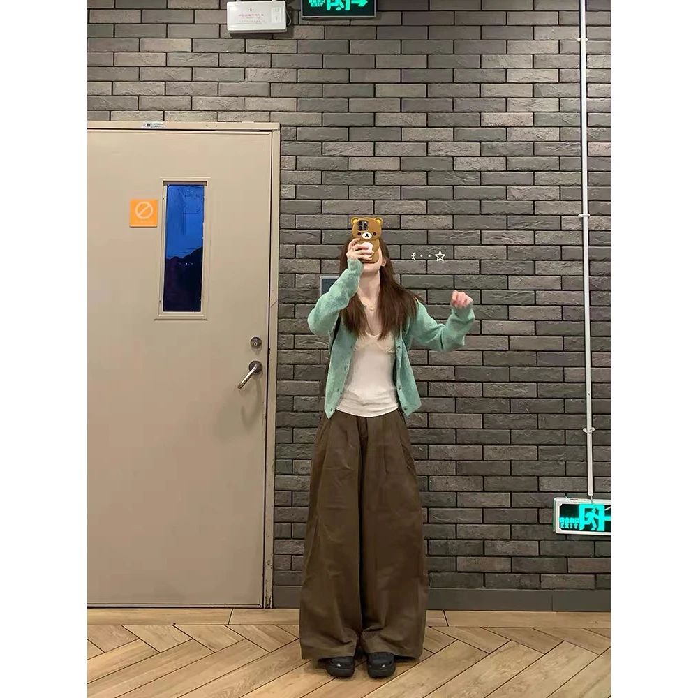 心动信号复古圆领百搭休闲纯色针织开衫女秋季外套绿色长袖毛衣