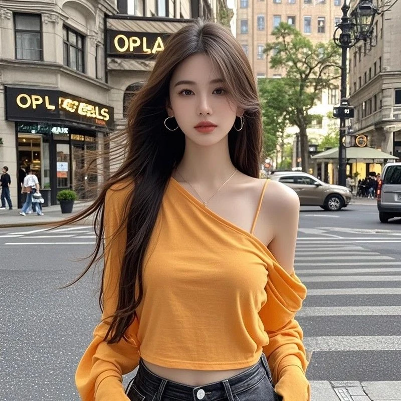 韩系黄色斜露肩长袖t恤女春季2025新款内搭打底衫小个子修身上衣
