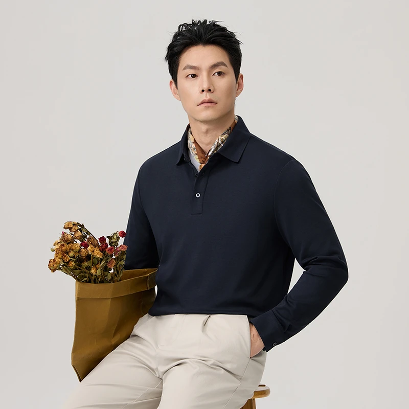 【BINUOSI】胶原蛋白系列液氨呼吸棉翻领长袖POLO男T恤老钱风休闲