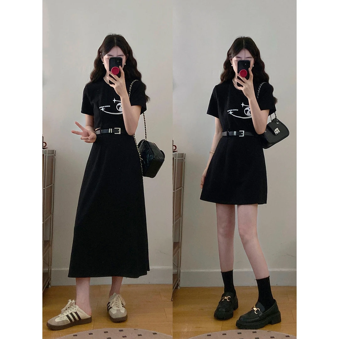 【现货】大码女装时尚气质正肩修身黑色显瘦拼接连衣裙胖MM长短裙女