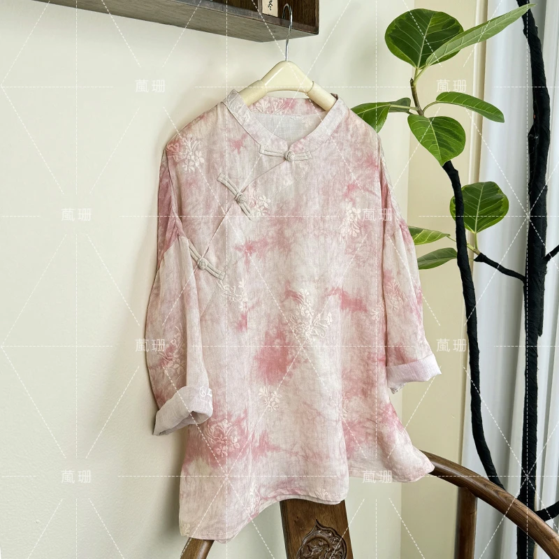 【胭脂盘扣小衫】夏季扎染刺绣苎麻复古国风盘扣宽松小衫52225