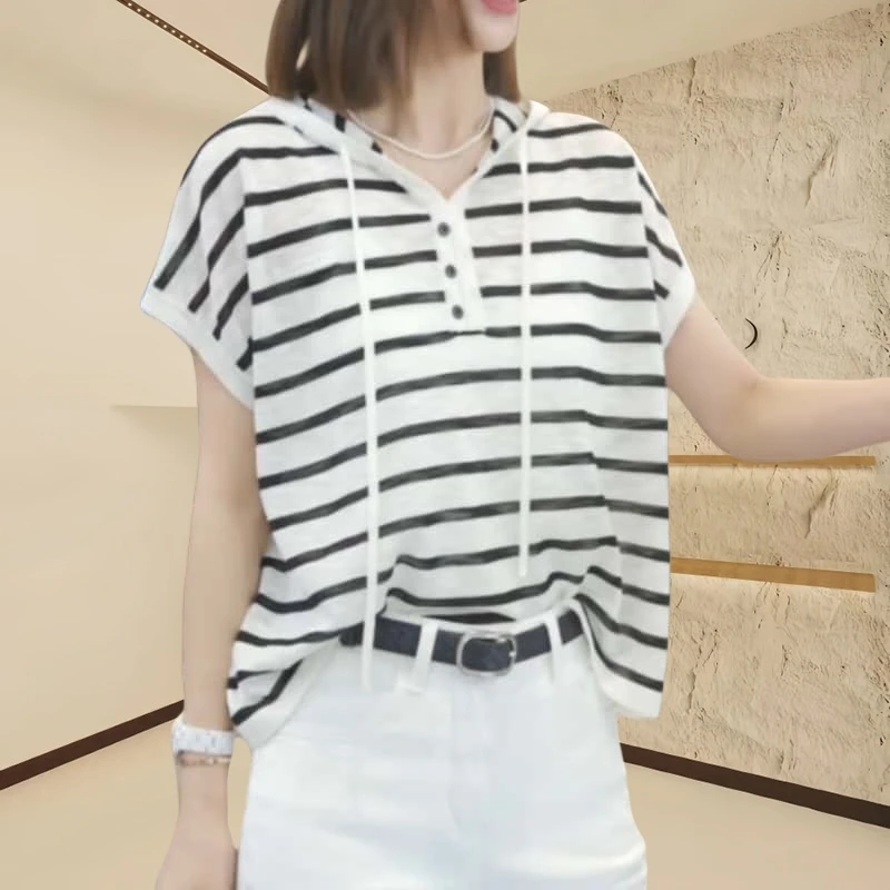 【斑马条纹】春季时尚洋气条纹短袖针织衫2025新款气质休闲连帽上衣