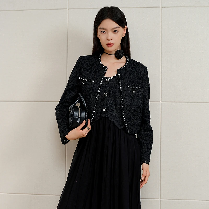 【商场同款】芭蒂娜黑色小香风复古短外套女春秋蕾丝上衣151E271