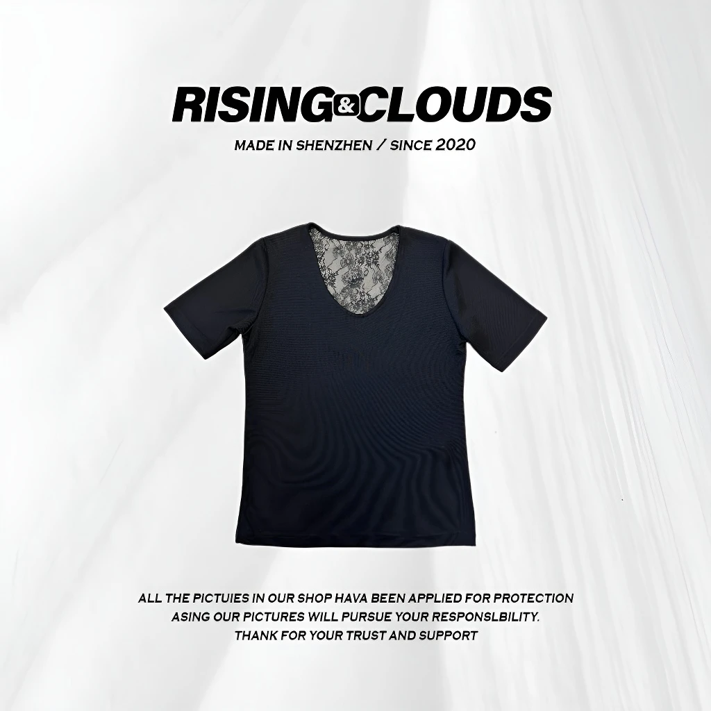 RISING&CLOUDS【莎莎】夏季后背蕾丝醋酸T恤上衣040187