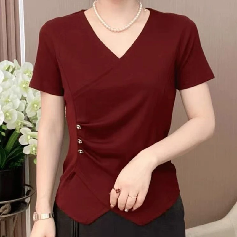 夏季新款修身显瘦时尚V领纯色短袖T恤女大码遮肚子减龄洋气上衣