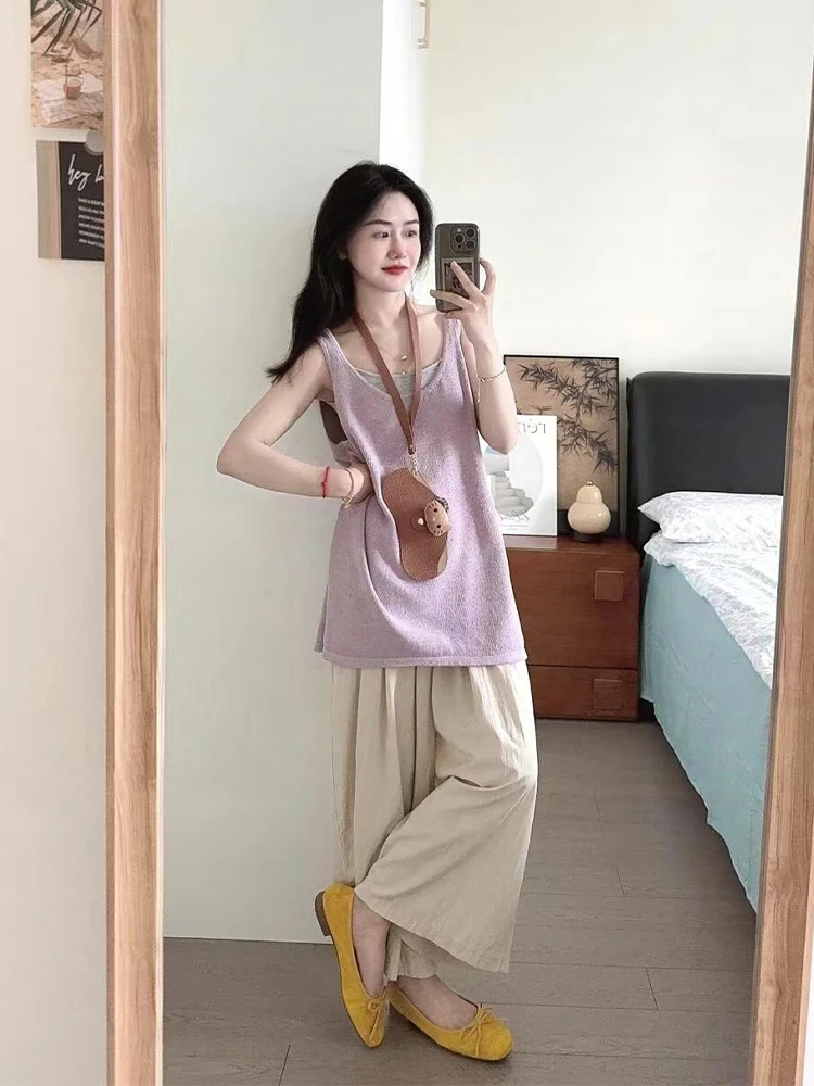 韩系紫色宽松显瘦无袖吊带背心女夏季新款高腰休闲阔腿裤两件套装