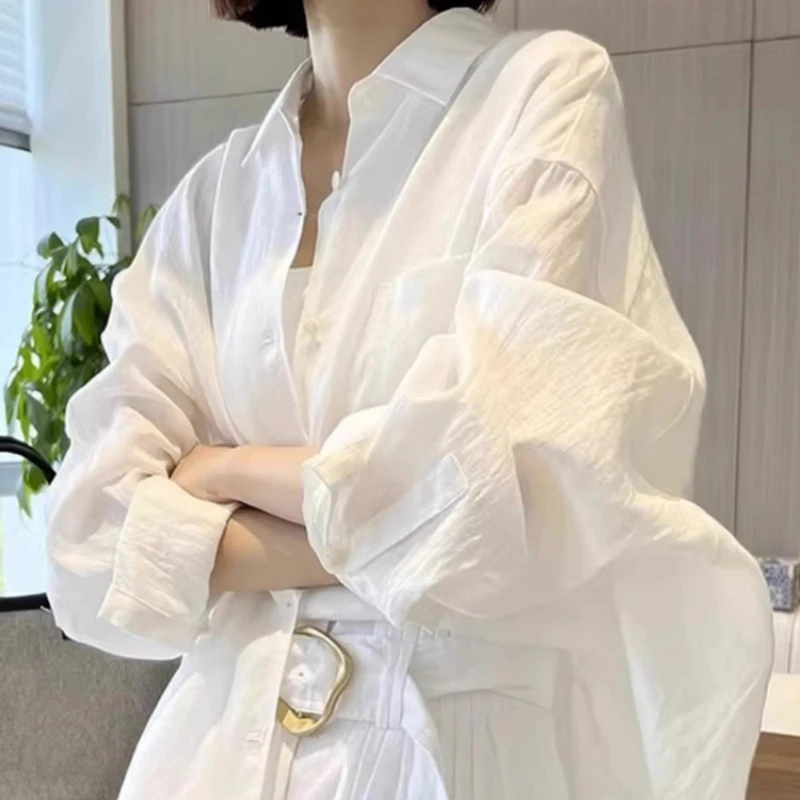 宽松白色长袖防晒衬衫女冬季外搭开衫高级感衬中式白衬衣