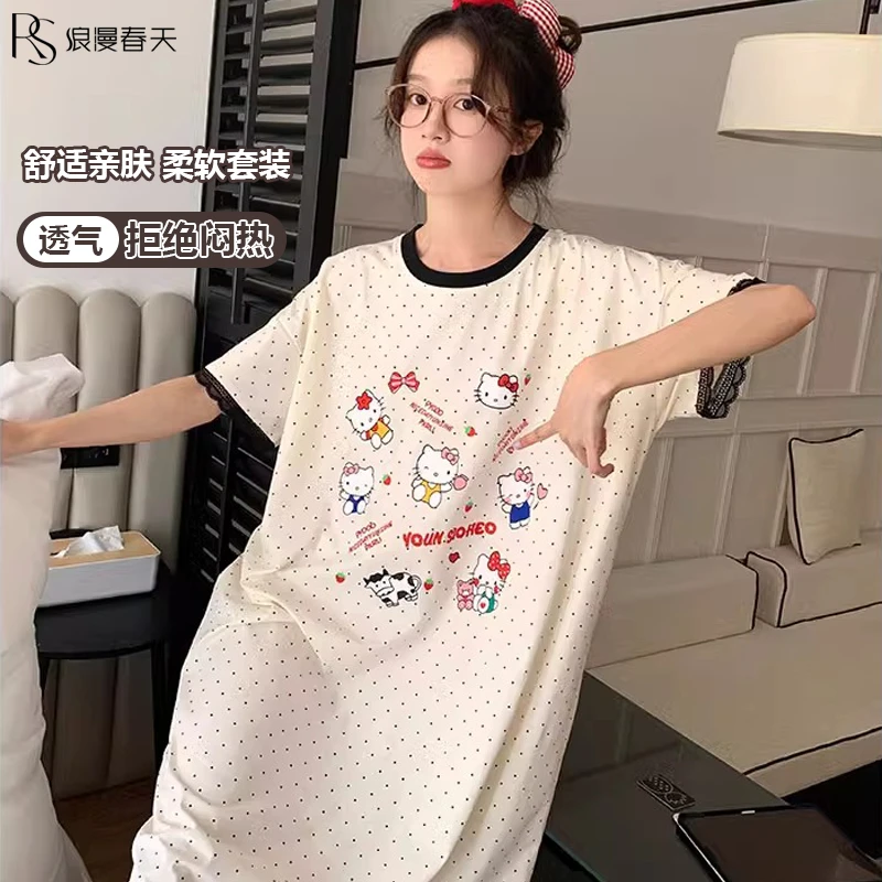 夏季新款卡通KT印花短袖睡裙甜美可爱睡衣女宽松舒适可外穿家居服
