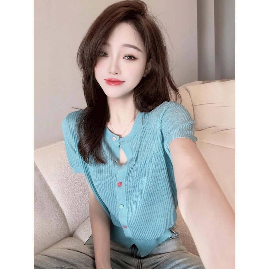 短袖针织女2025新款爆款夏季开衫薄款超好看镂空冰丝针织衫上衣女