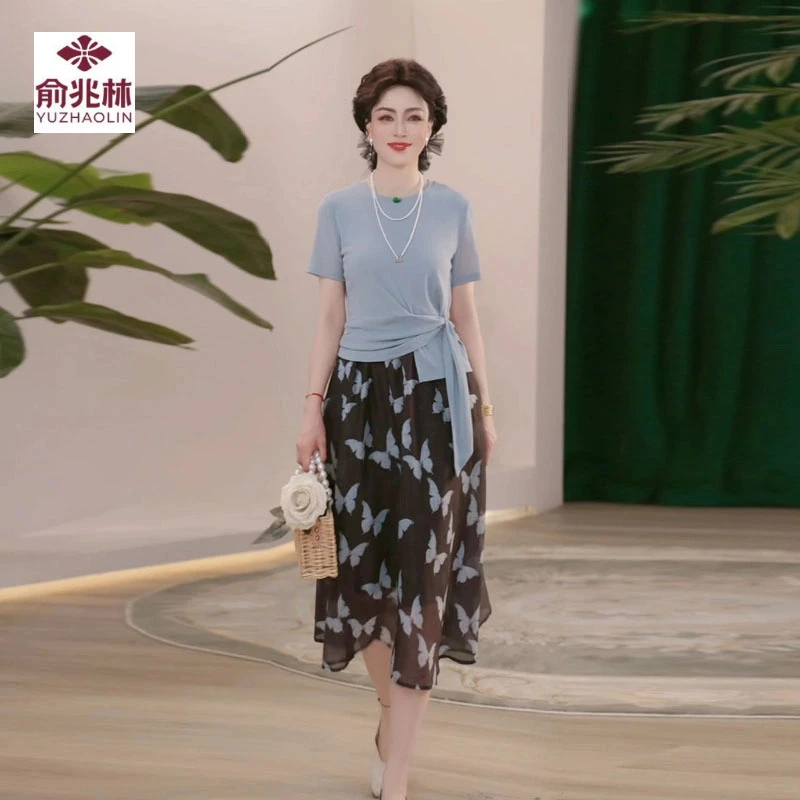 新款妈妈装夏装连衣裙两件套上衣洋气中老年女装百搭高档裙子