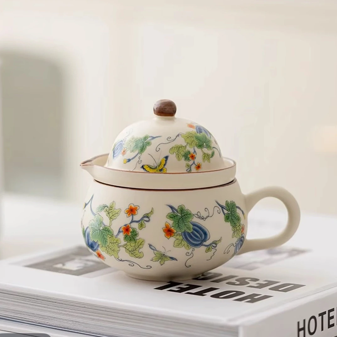 441 米黄汝窑茶咖杯旅行茶具一壶一杯轻奢陶瓷茶水分离办公室泡茶