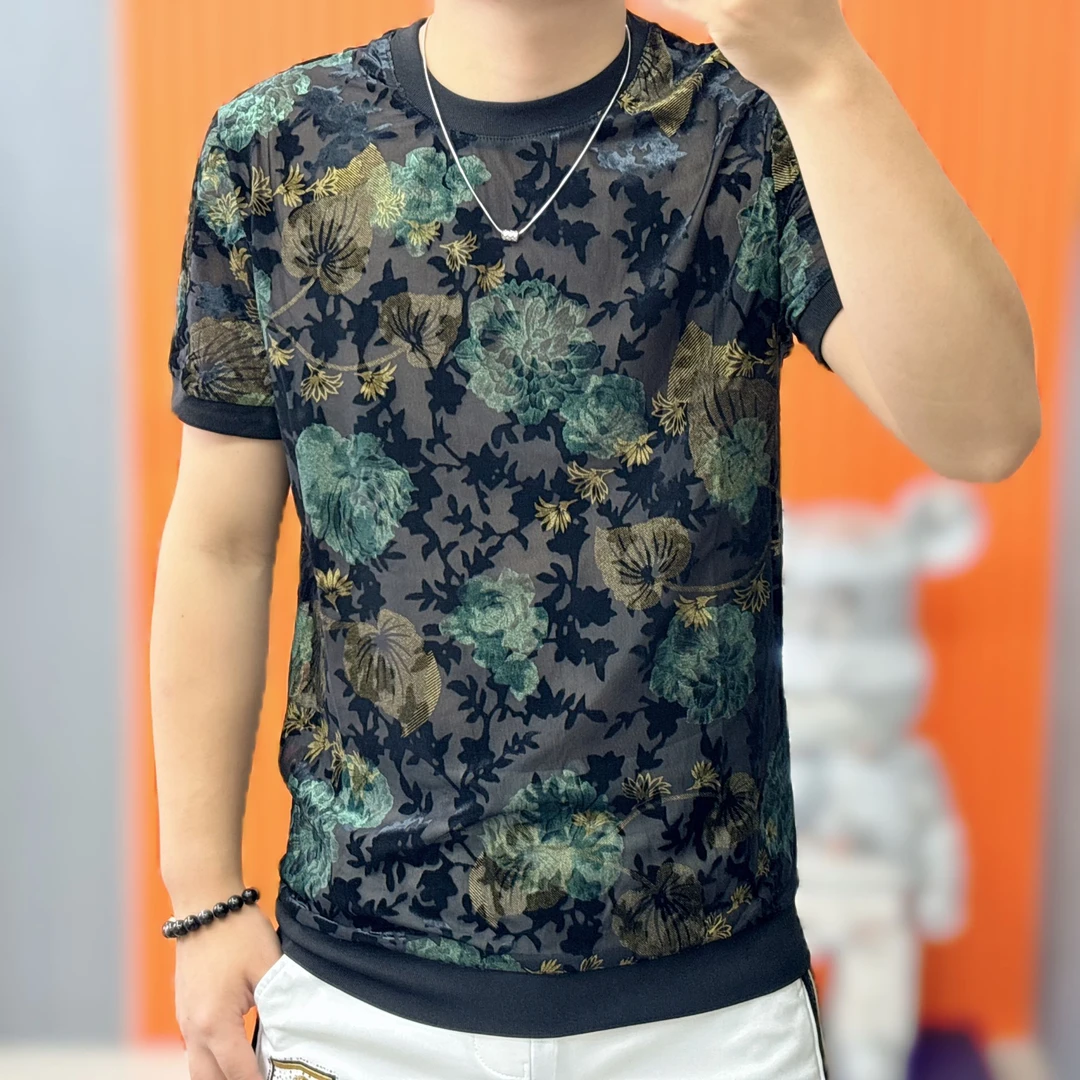 夏季新款男士冰丝T恤植绒烧花圆领修身短袖时尚印花潮流体恤上衣