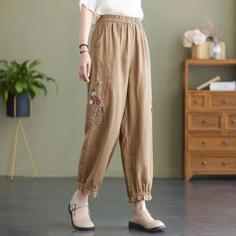 【现货+运费险】重工女棉麻九分裤夏季宽松花边刺绣灯笼裤Y820