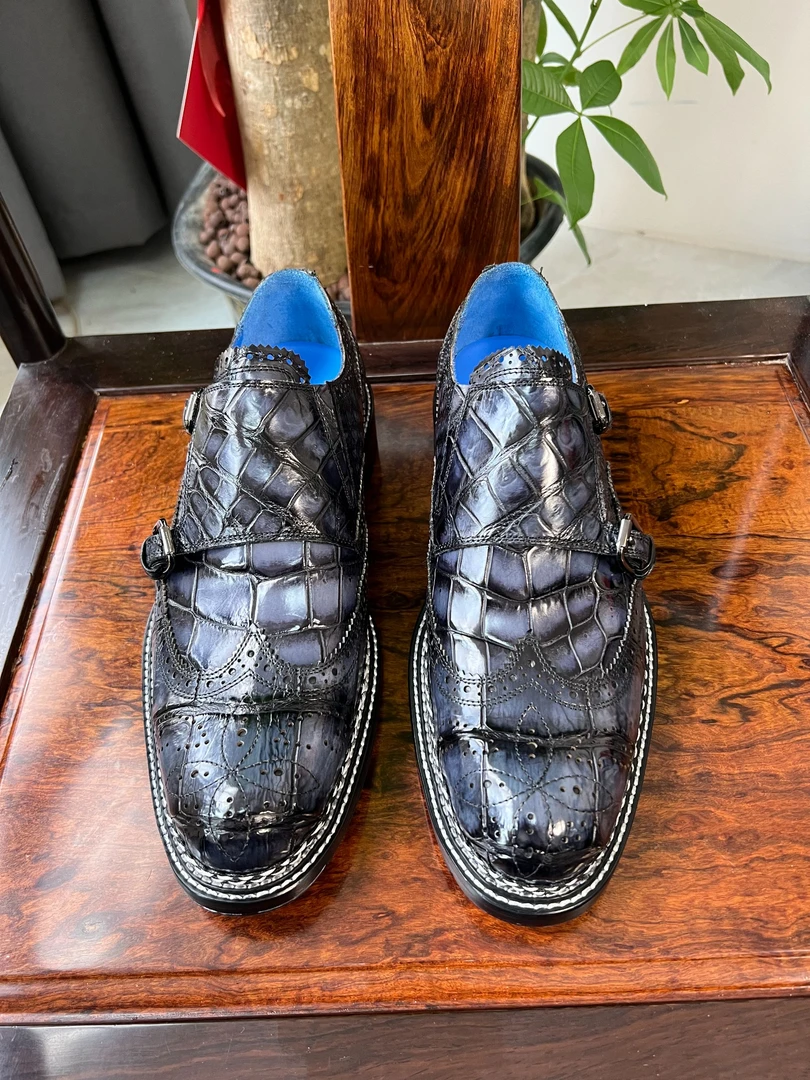 灰色尼罗鳄琴底挪威缝八缝线布洛克正装孟克鞋欧美风潮流时尚百搭