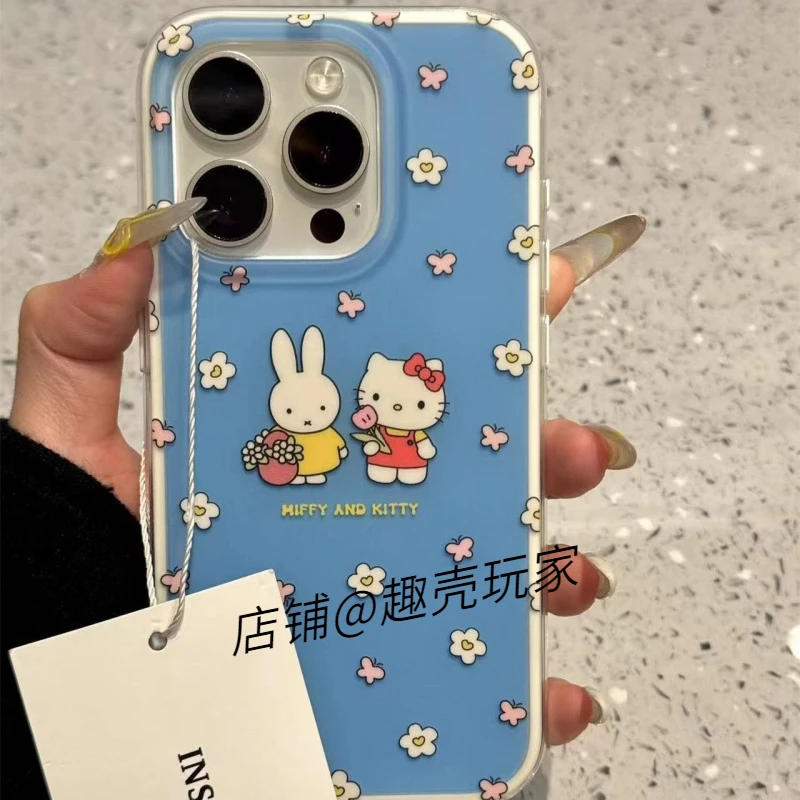 满屏花朵蝴蝶米菲兔猫咪适用于iphone16苹果15pro手机保护壳14pm