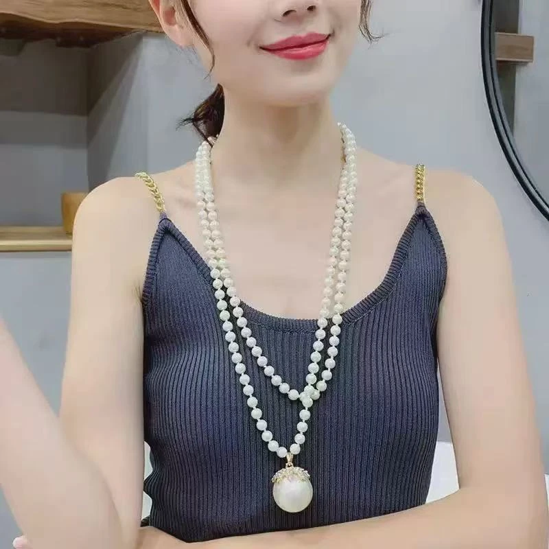合金仿珍珠吊坠 时尚大气仿珍珠毛衣链女长款轻奢百搭高级感项链