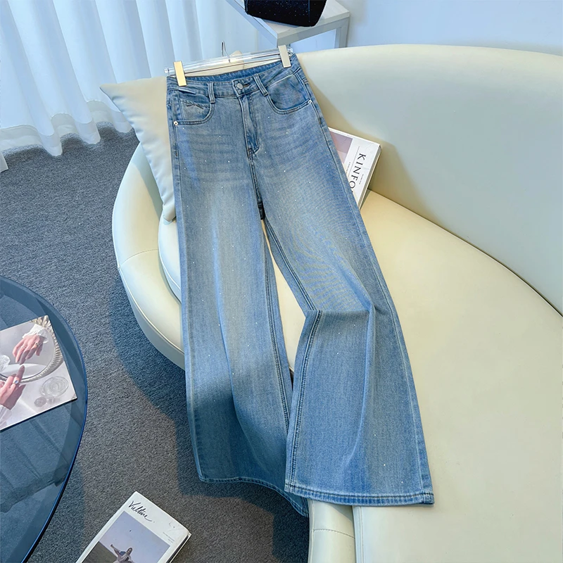 蓝色窄版九分牛仔微喇裤女夏季新款高腰马蹄裤直筒喇叭裤女孩