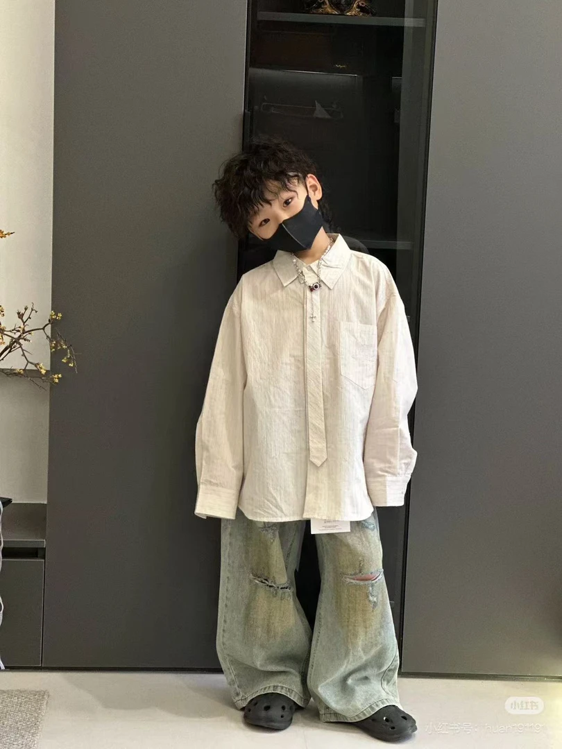 2025新男童韩版翻领长袖潮范春季儿童时尚竖条衬衫中大童休闲洋气