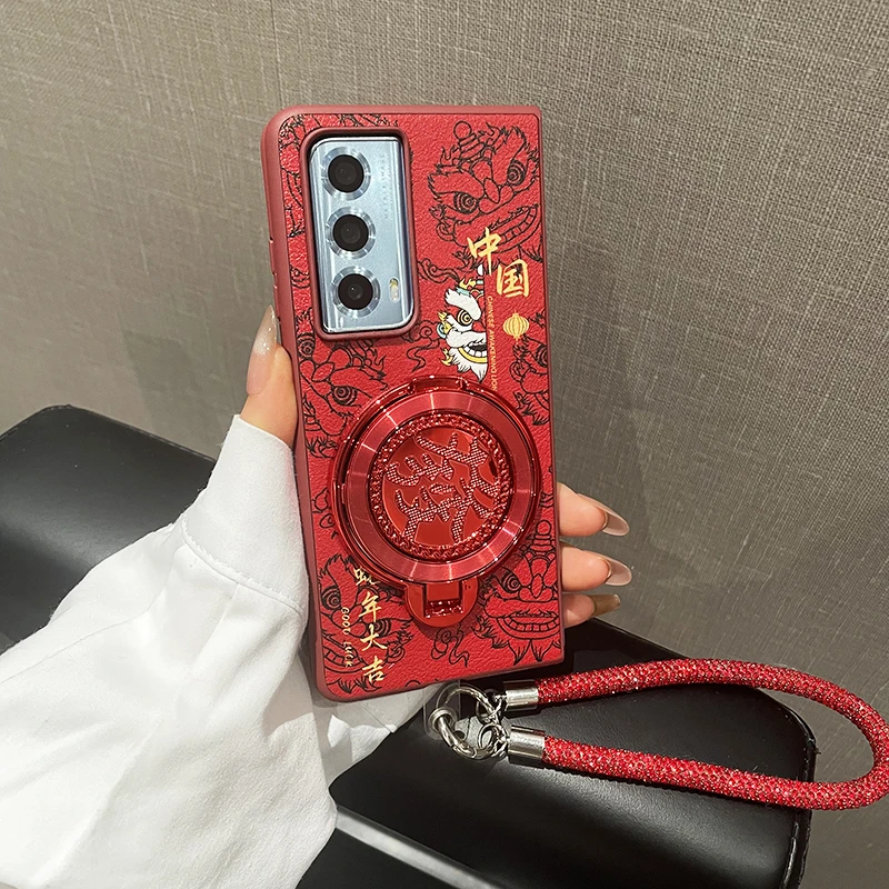 适用华为荣耀magicv2手机壳新年款蛇年福狮支架小羊皮magicv2外壳