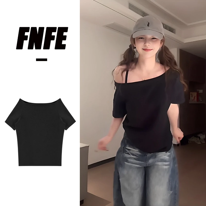 FNFE夏季辣妹风纯色短袖修身显瘦时尚设计感小众百搭斜肩U领T恤