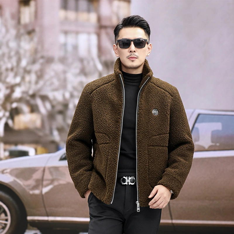 羊羔绒外套男士春装外套2025新款高级商务薄款黑色立领休闲夹克