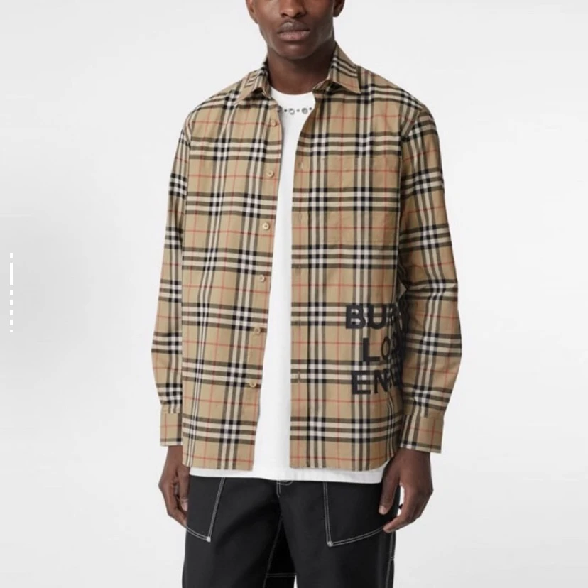 99新 BURBERRY/博柏利 4000/卡其色经典格纹字母logo长袖衬衫/M码