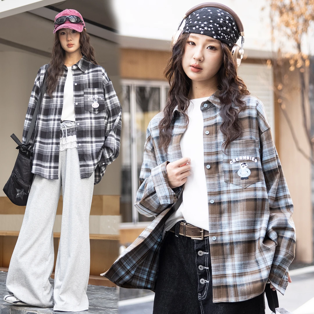 10935女大童TR磨毛休闲格子衬衫春秋新款长袖洋气宽松秋装上衣