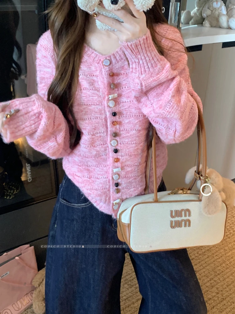 韩版粉色彩扣软糯百搭针织开衫女新款毛衣外套慵懒风毛针织衫上衣