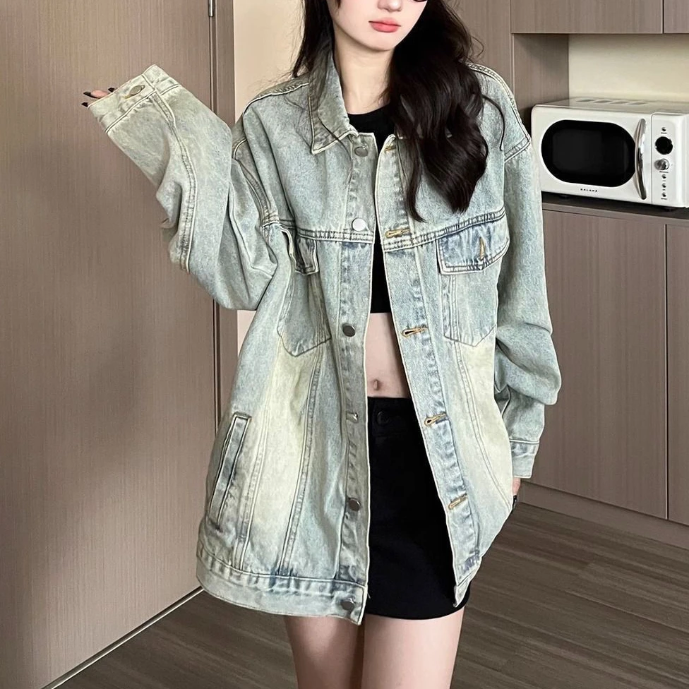 美式港风百搭学院风牛仔外套男女2024春秋复古宽松休闲长袖夹克上