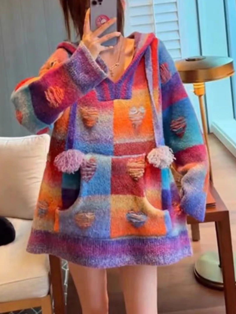 【济州岛】多巴胺爱心连帽针织衫毛衣