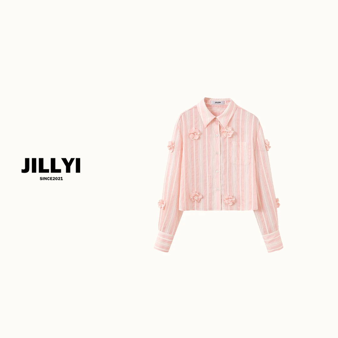 JILLYI【粉樱花朵】粉红色线条立体小花装饰甜美风衬衫优雅轻奢