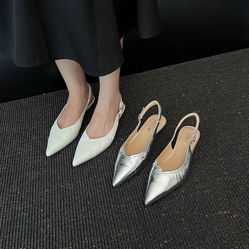 星期六ST&SAT新款小坡跟后空凉鞋子夏季高跟鞋优雅真皮女气质包头