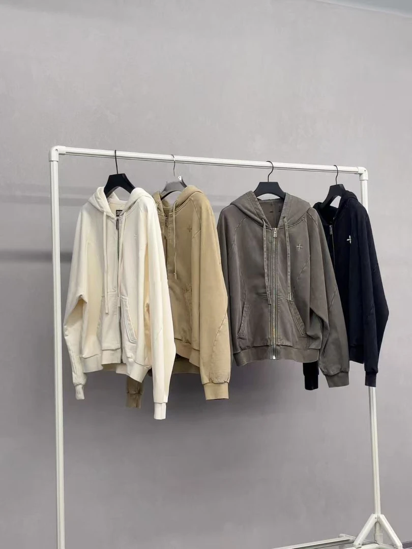 十字刺绣重工水洗炒色拼接设计拉链卫衣连帽外套上衣