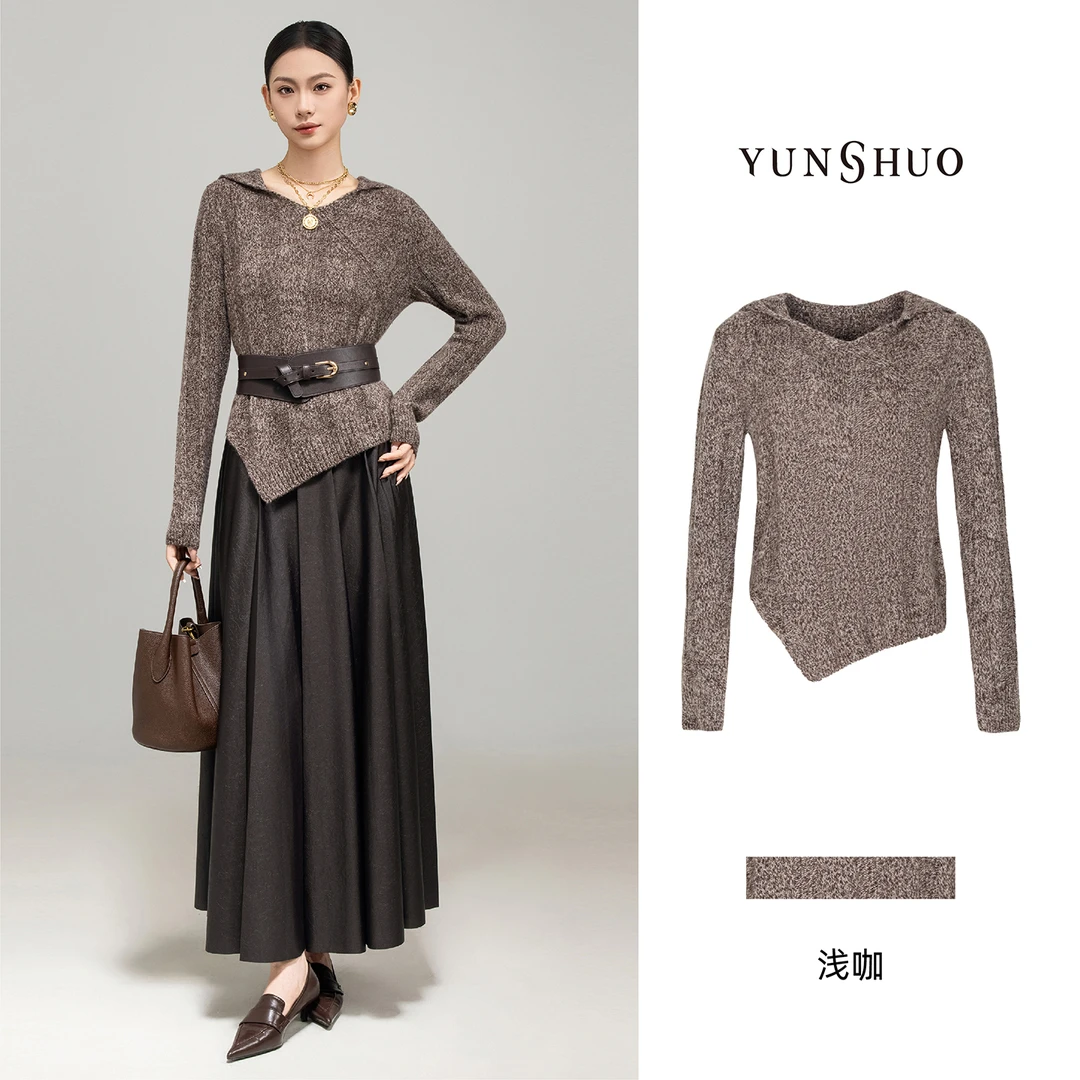 允硕新品琥珀复古风时尚百搭连帽气质透气针织套头毛衫上衣739546