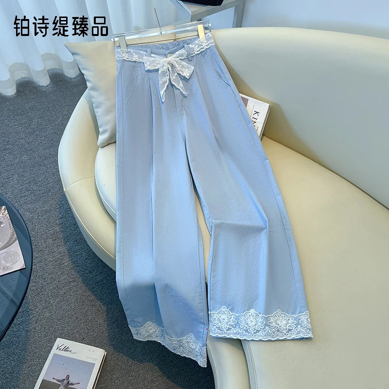 韩版流行蕾丝花边休闲阔腿裤女2025夏季薄款后松紧宽松显瘦直筒裤
