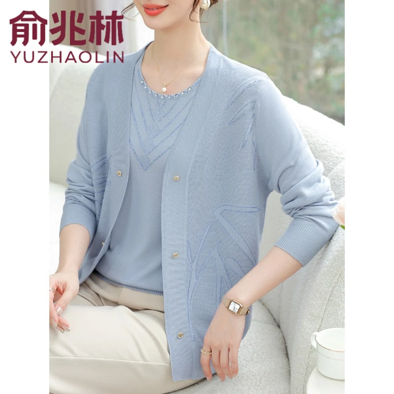 俞兆林气质妈妈春装上衣新款中老年人女两件套装夏装薄针织开衫时