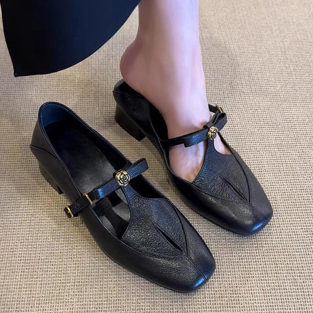 羊皮版~法式复古镂空一字带扣山茶花单鞋女百搭真皮粗跟玛丽珍鞋