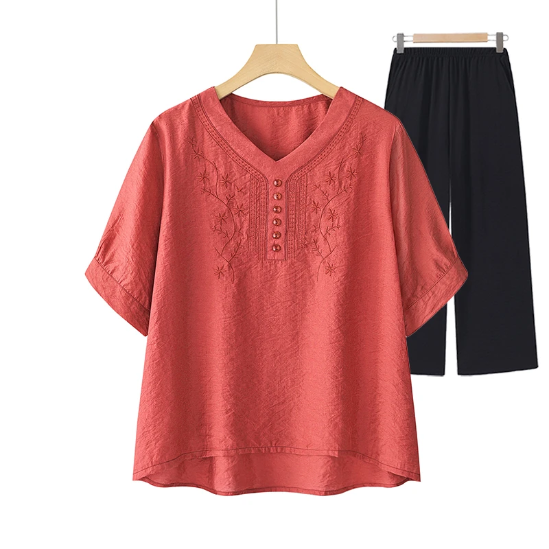 夏季妈妈装两件套气质套装时尚中老年老年人洋气宽松休闲绣花